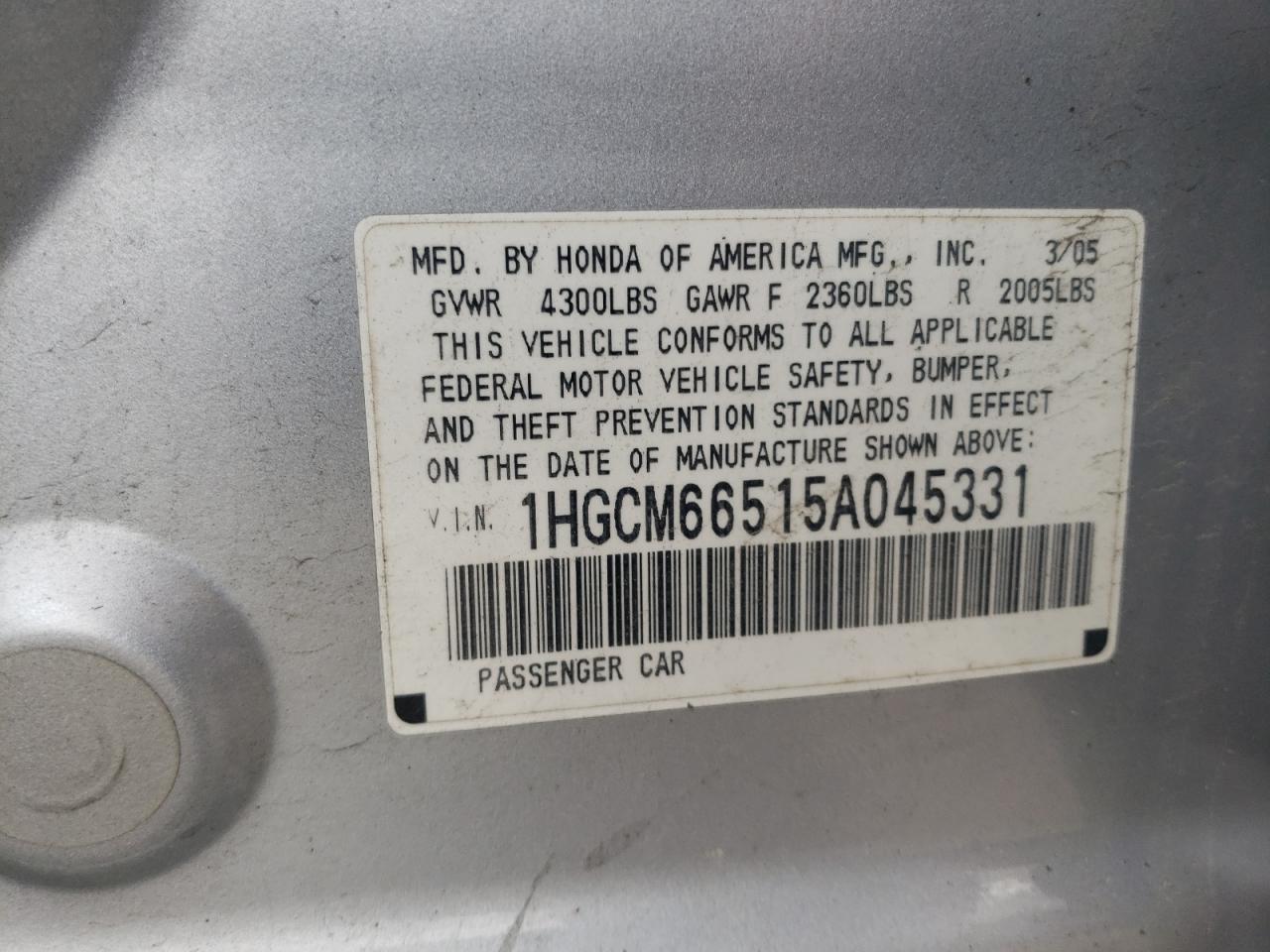 Photo 10 from auction – 2005 HONDA ACCORD EX with VIN 1HGCM66515A045331