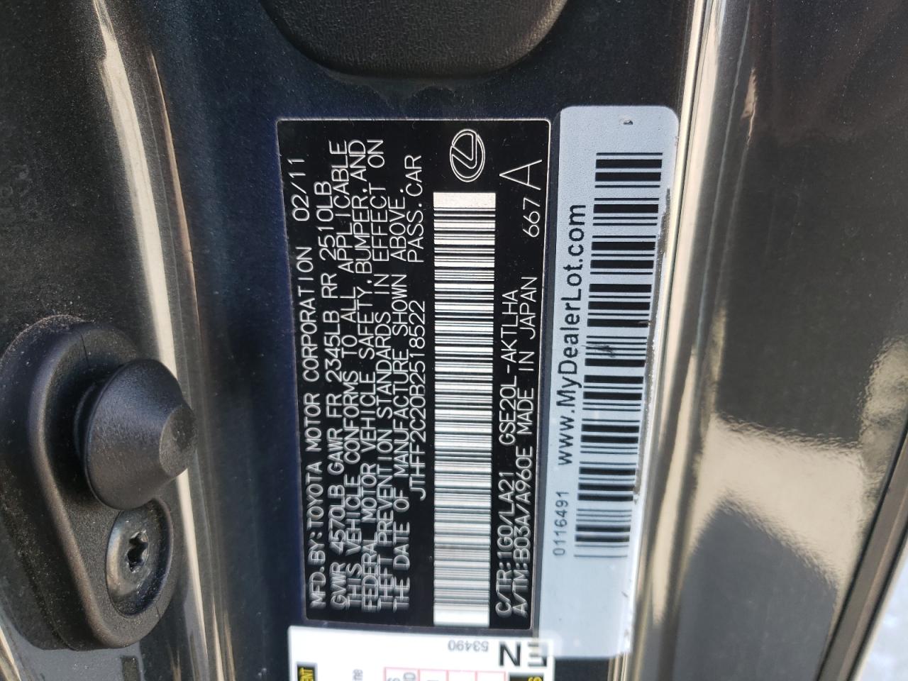 Photo 10 from auction – 2011 LEXUS IS 250 with VIN JTHFF2C20B2518522
