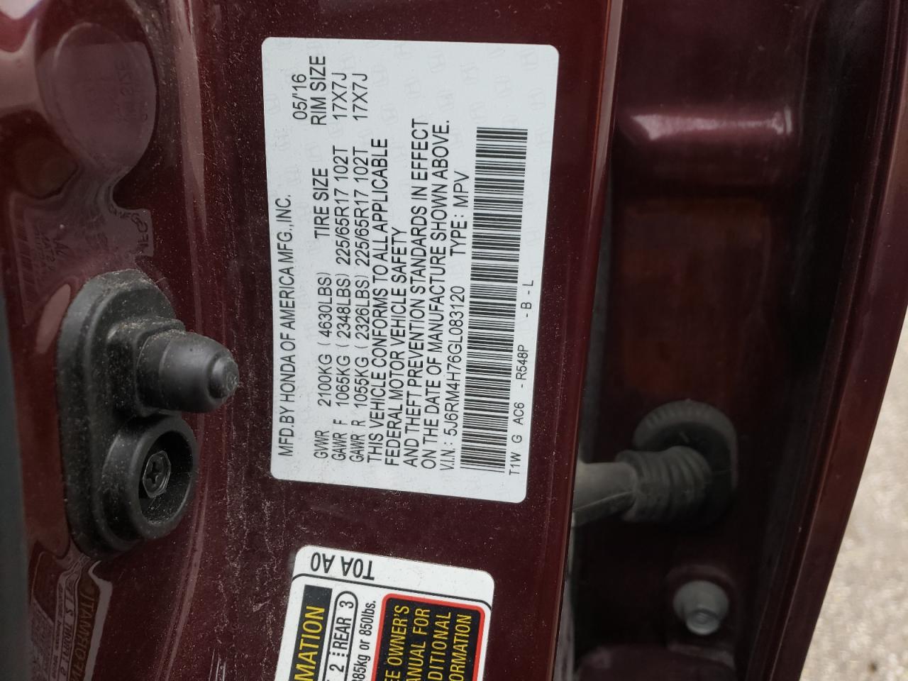 Photo 10 from auction – 2016 HONDA CR-V EXL with VIN 5J6RM4H76GL083120