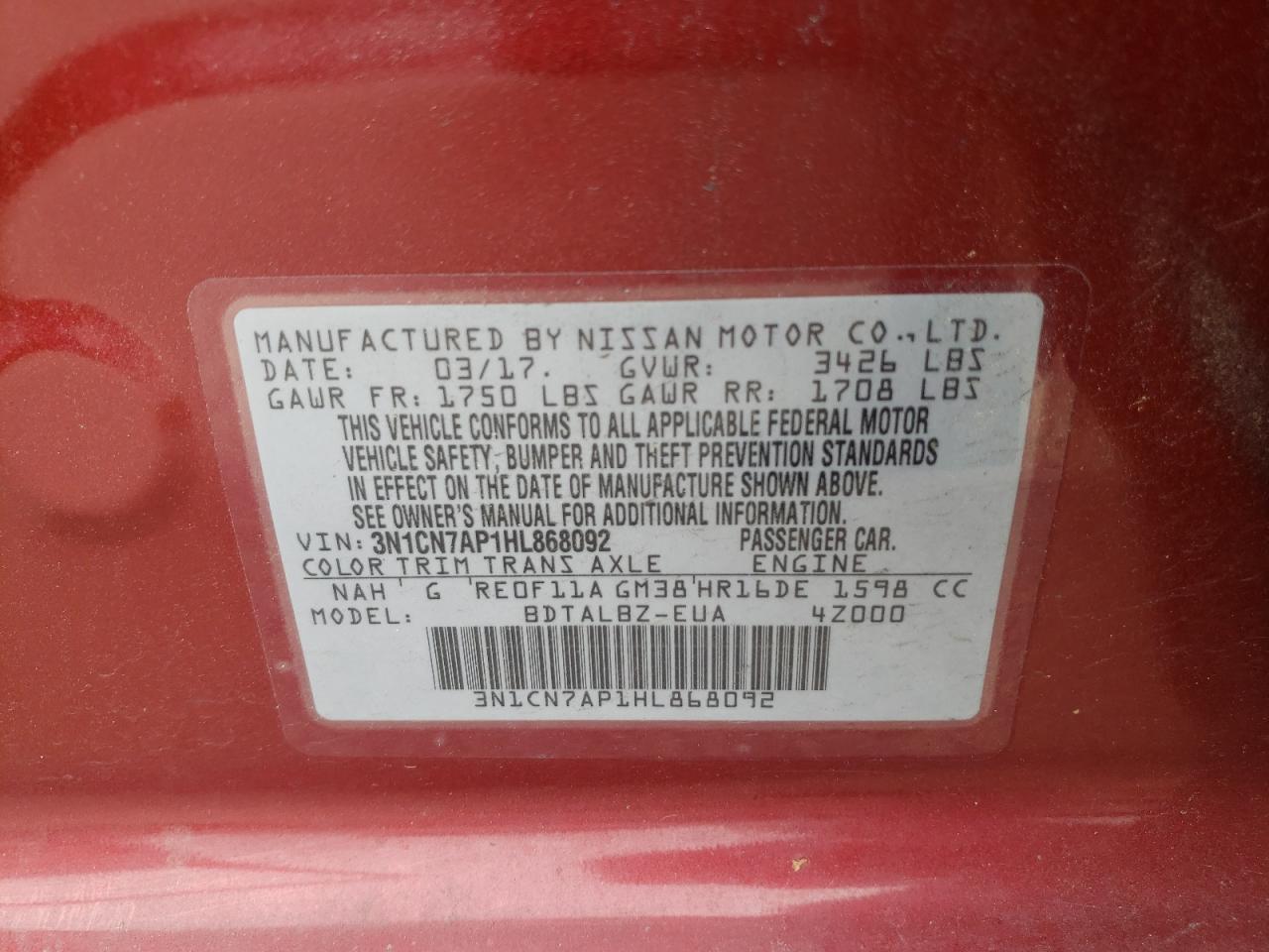 Фото 10 с аукциона – 2017 NISSAN VERSA S с VIN 3N1CN7AP1HL868092