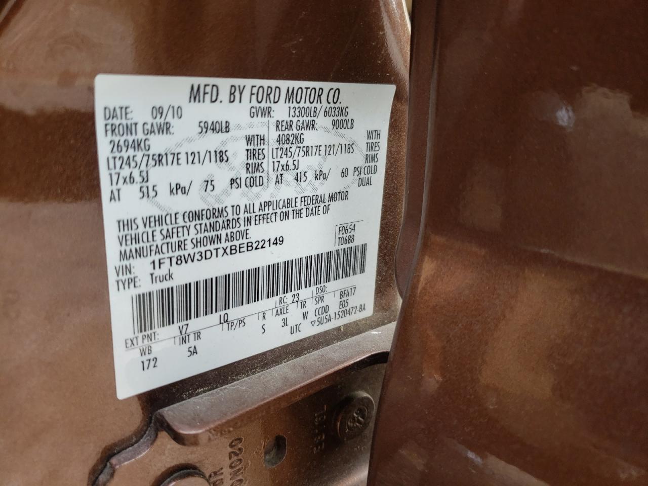 Photo 10 from auction – 2011 FORD F350 SUPER with VIN 1FT8W3DTXBEB22149