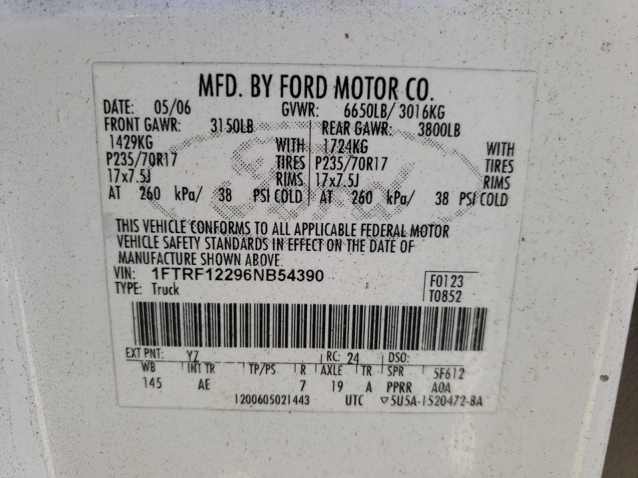 Photo 10 from auction – 2006 FORD F150 with VIN 1FTRF12296NB54390