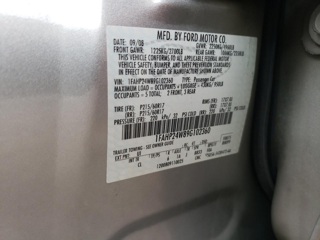 Photo 11 from auction – 2009 FORD TAURUS SEL with VIN 1FAHP24W89G102360