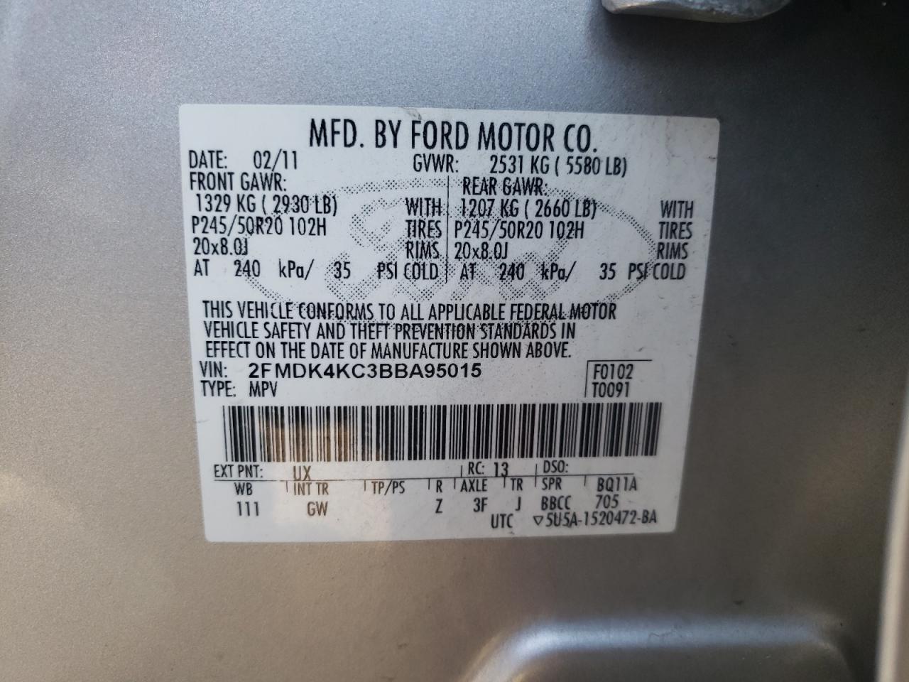 Photo 10 from auction – 2011 FORD EDGE LIMIT with VIN 2FMDK4KC3BBA95015
