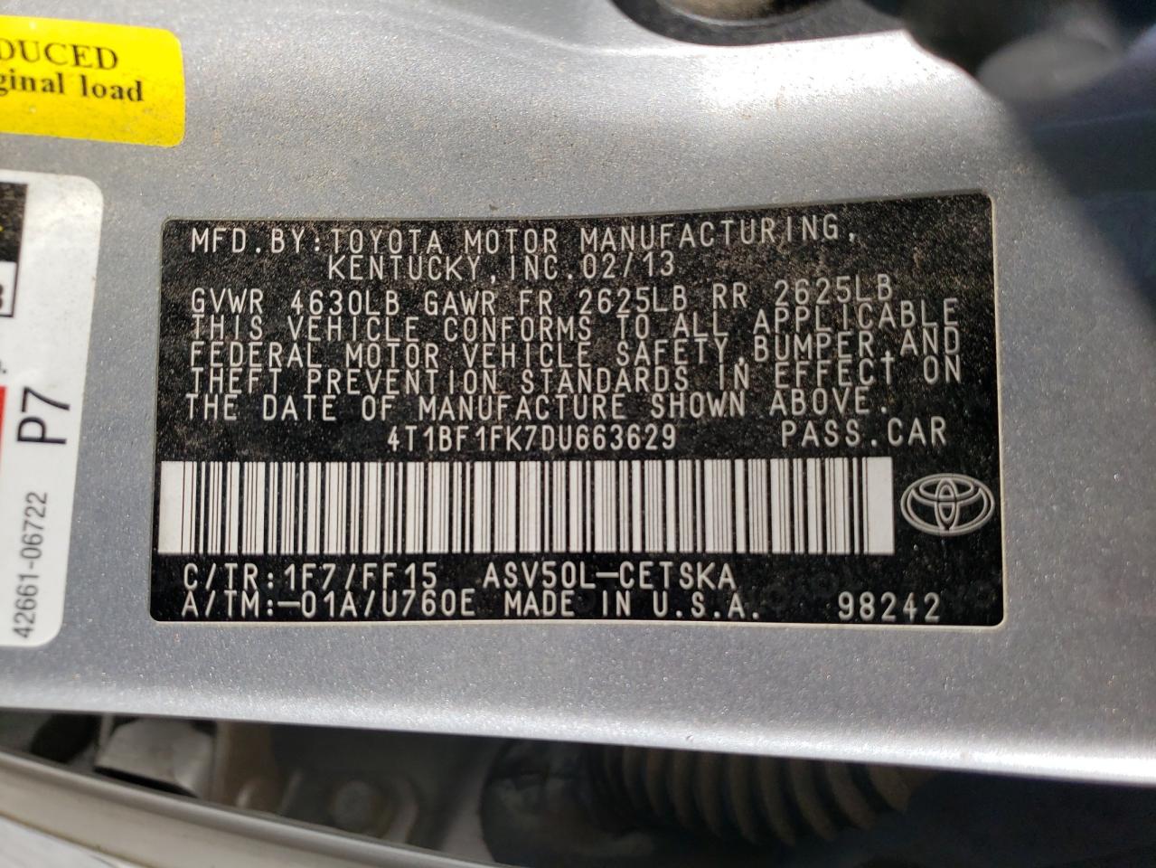 Photo 10 from auction – 2013 TOYOTA CAMRY L with VIN 4T1BF1FK7DU663629