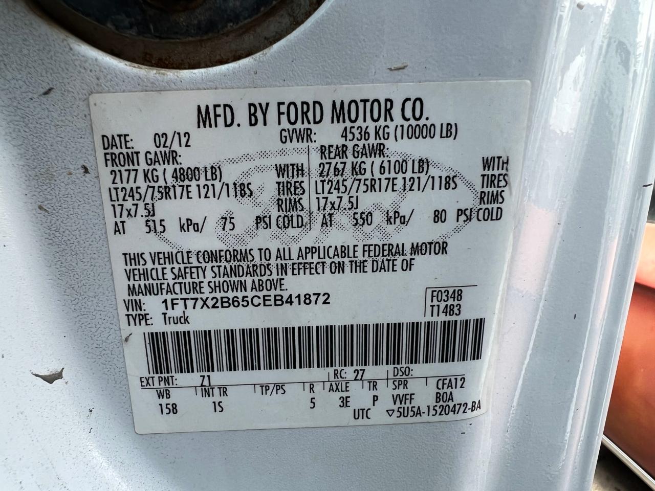 Photo 10 from auction – 2012 FORD F250 SUPER with VIN 1FT7X2B65CEB41872