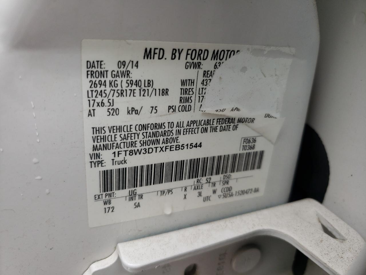 Photo 10 from auction – 2015 FORD F350 SUPER with VIN 1FT8W3DTXFEB51544