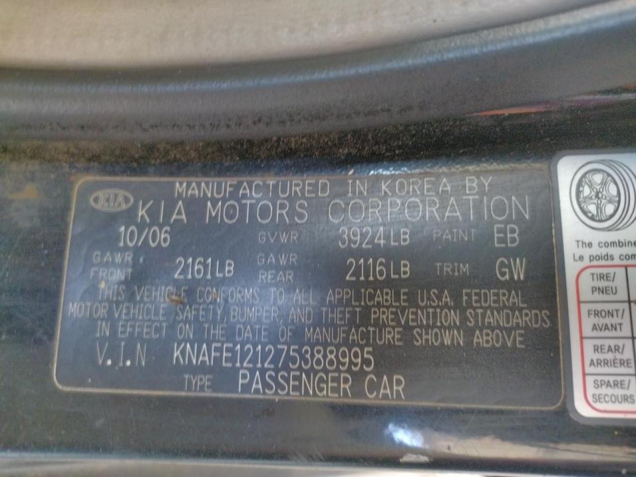 Photo 10 from auction – 2007 KIA SPECTRA EX with VIN KNAFE121275388995