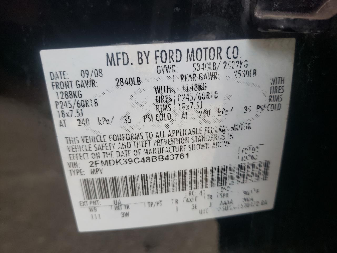 Photo 10 from auction – 2008 FORD EDGE LIMIT with VIN 2FMDK39C48BB43761