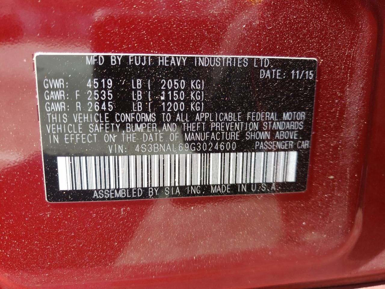 Photo 10 from auction – 2016 SUBARU LEGACY 2.5 with VIN 4S3BNAL69G3024600