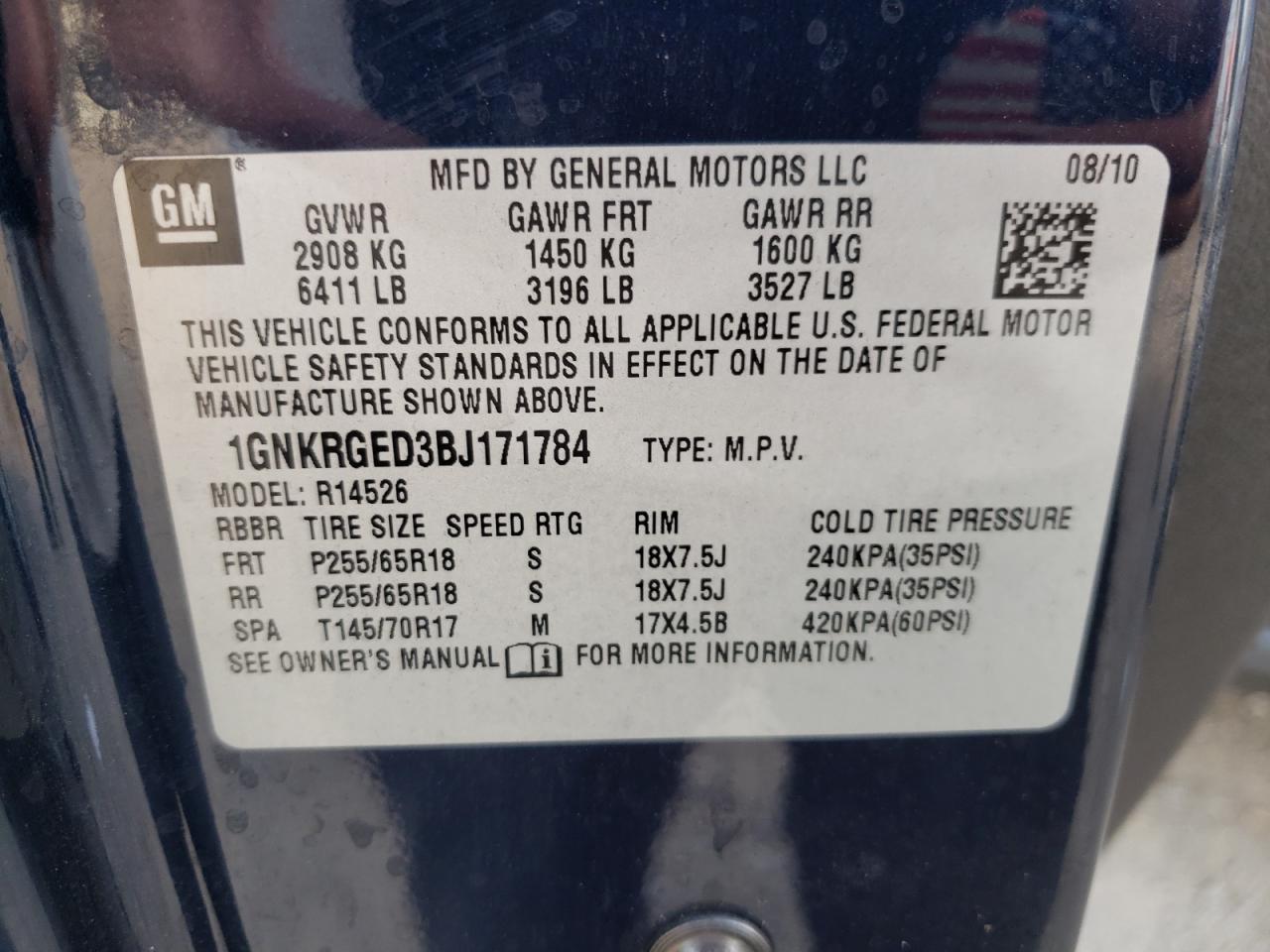 Photo 10 from auction – 2011 CHEVROLET TRAVERSE L with VIN 1GNKRGED3BJ171784