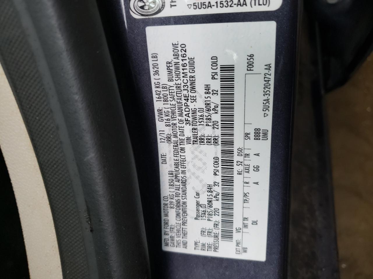 Photo 10 from auction – 2012 FORD FIESTA SE with VIN 3FADP4EJ3CM161620