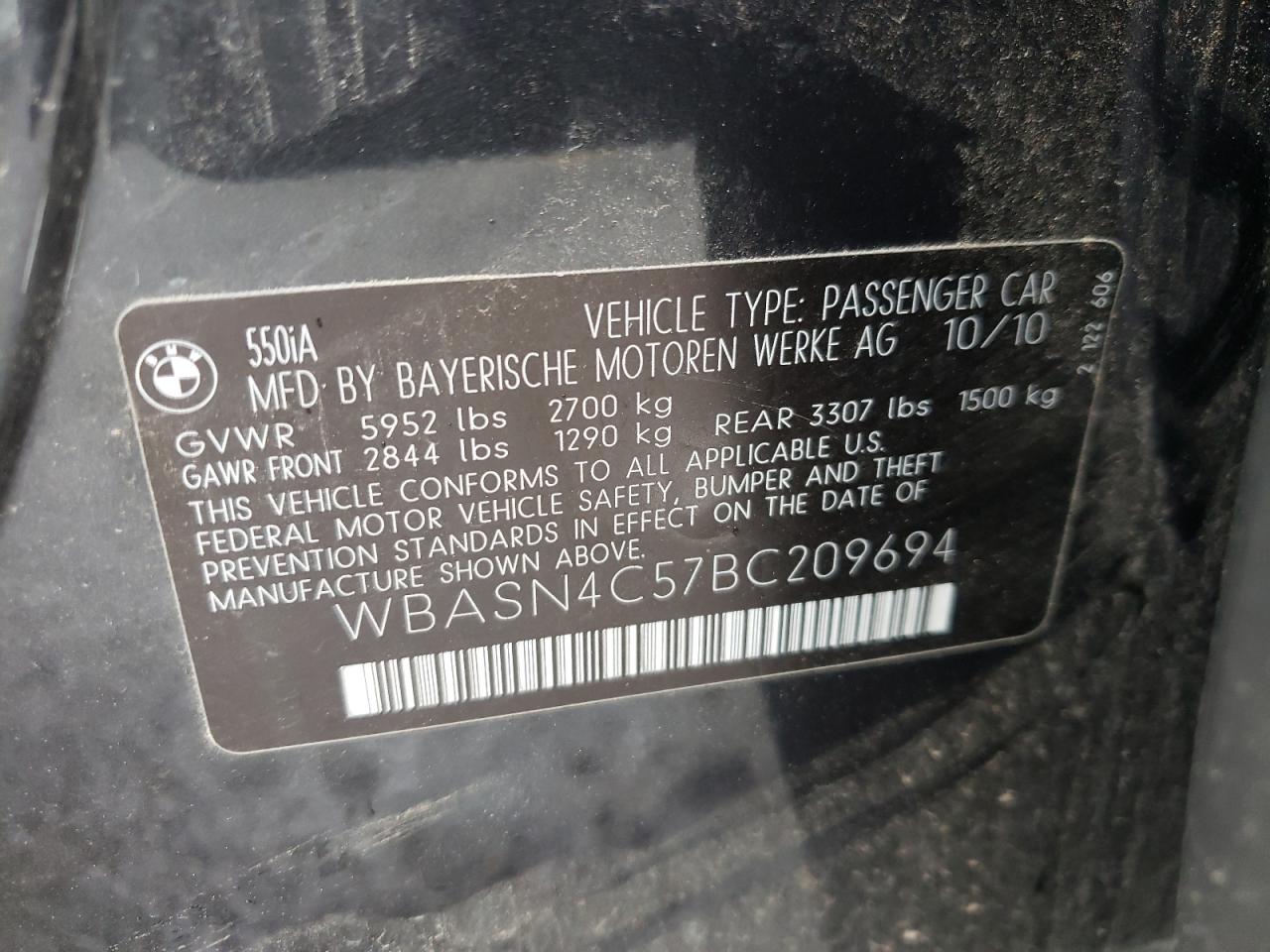 Photo 11 from auction – 2011 BMW 550 GT with VIN WBASN4C57BC209694