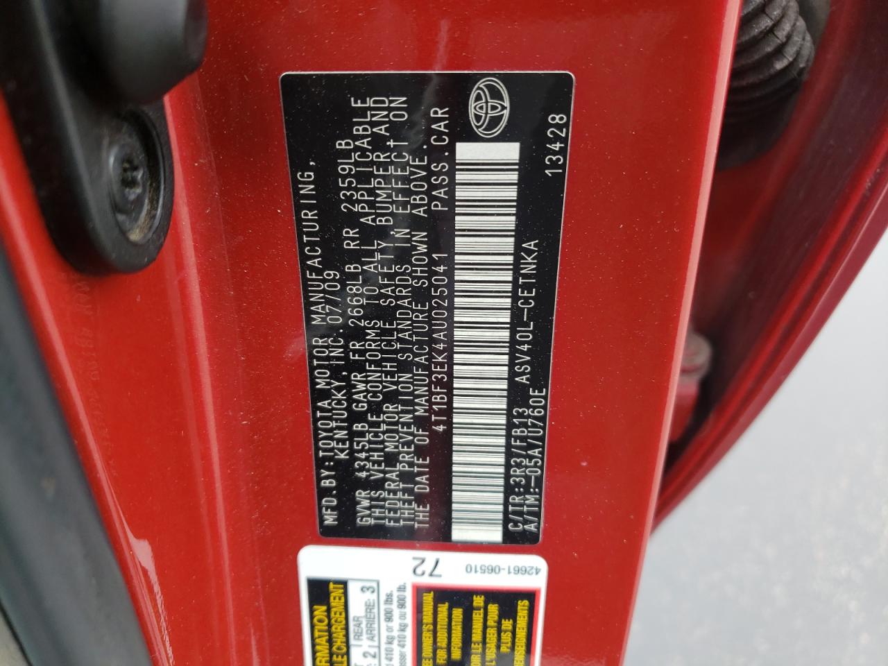 Photo 10 from auction – 2010 TOYOTA CAMRY BASE with VIN 4T1BF3EK4AU025041