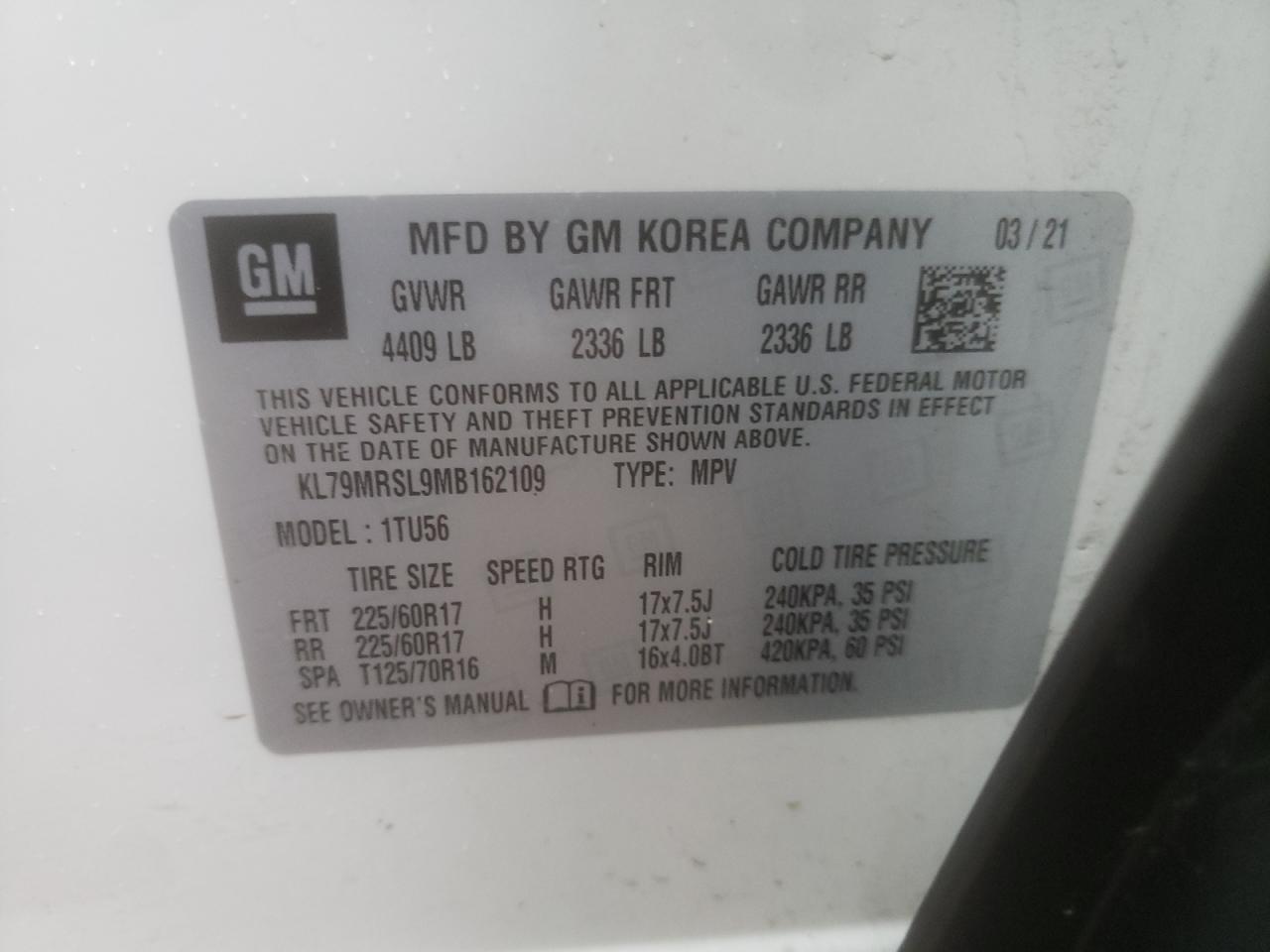 Photo 10 from auction – 2021 CHEVROLET TRAILBLAZE with VIN KL79MRSL9MB162109