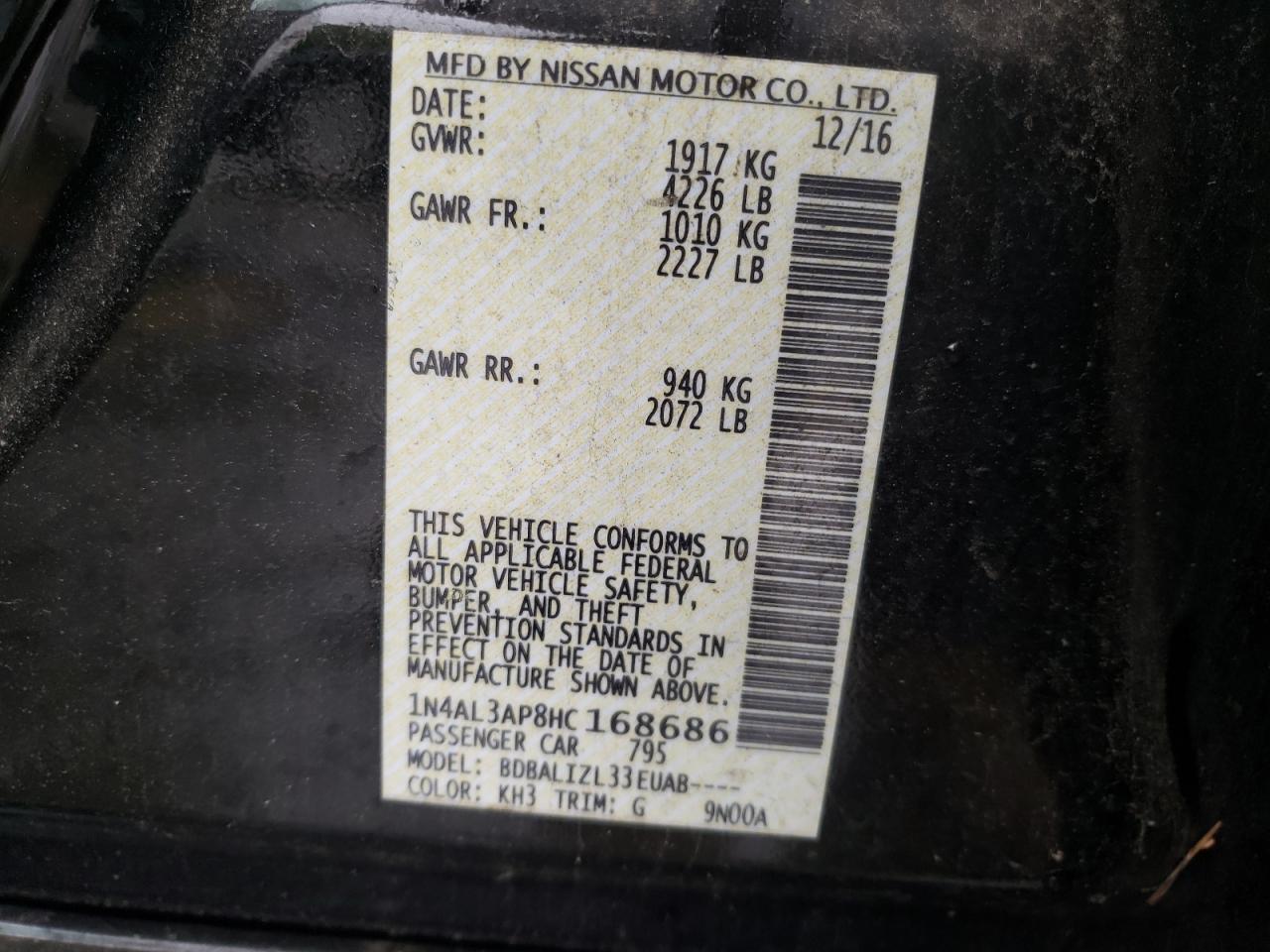Photo 10 from auction – 2017 NISSAN ALTIMA 2.5 with VIN 1N4AL3AP8HC168686