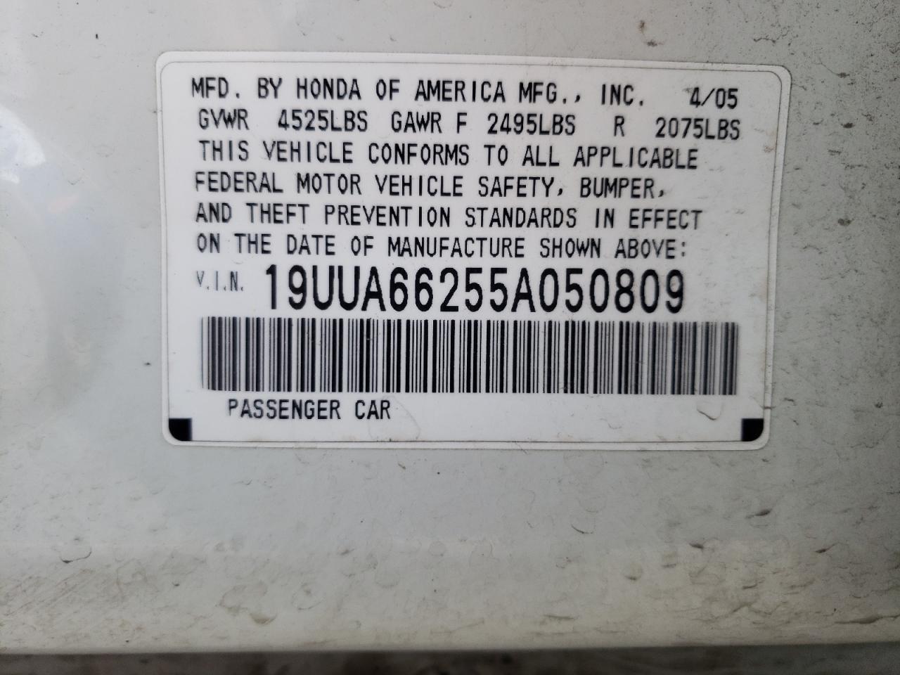 Photo 10 from auction – 2005 ACURA TL with VIN 19UUA66255A050809