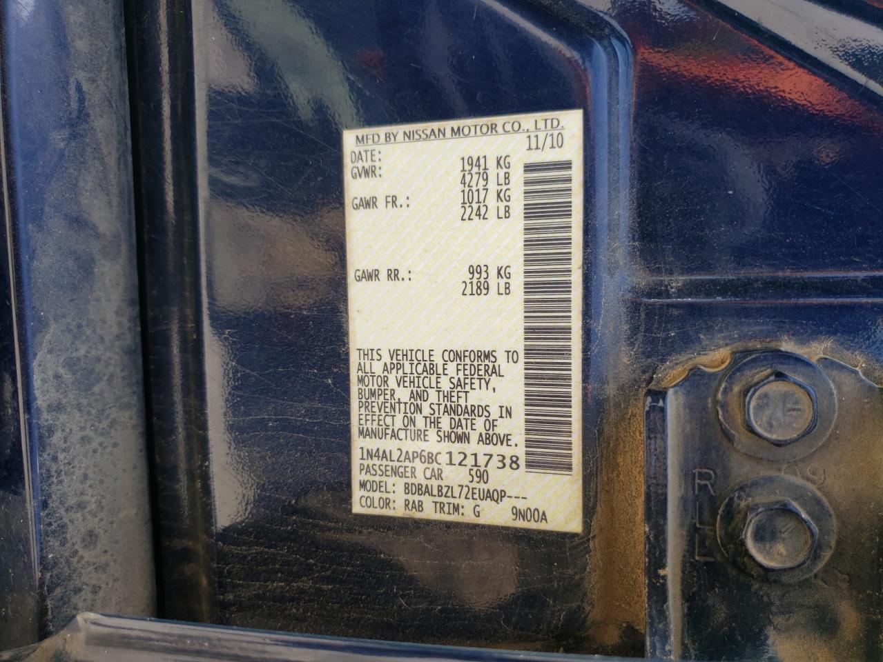 Photo 10 from auction – 2011 NISSAN ALTIMA BAS with VIN 1N4AL2AP6BC121738
