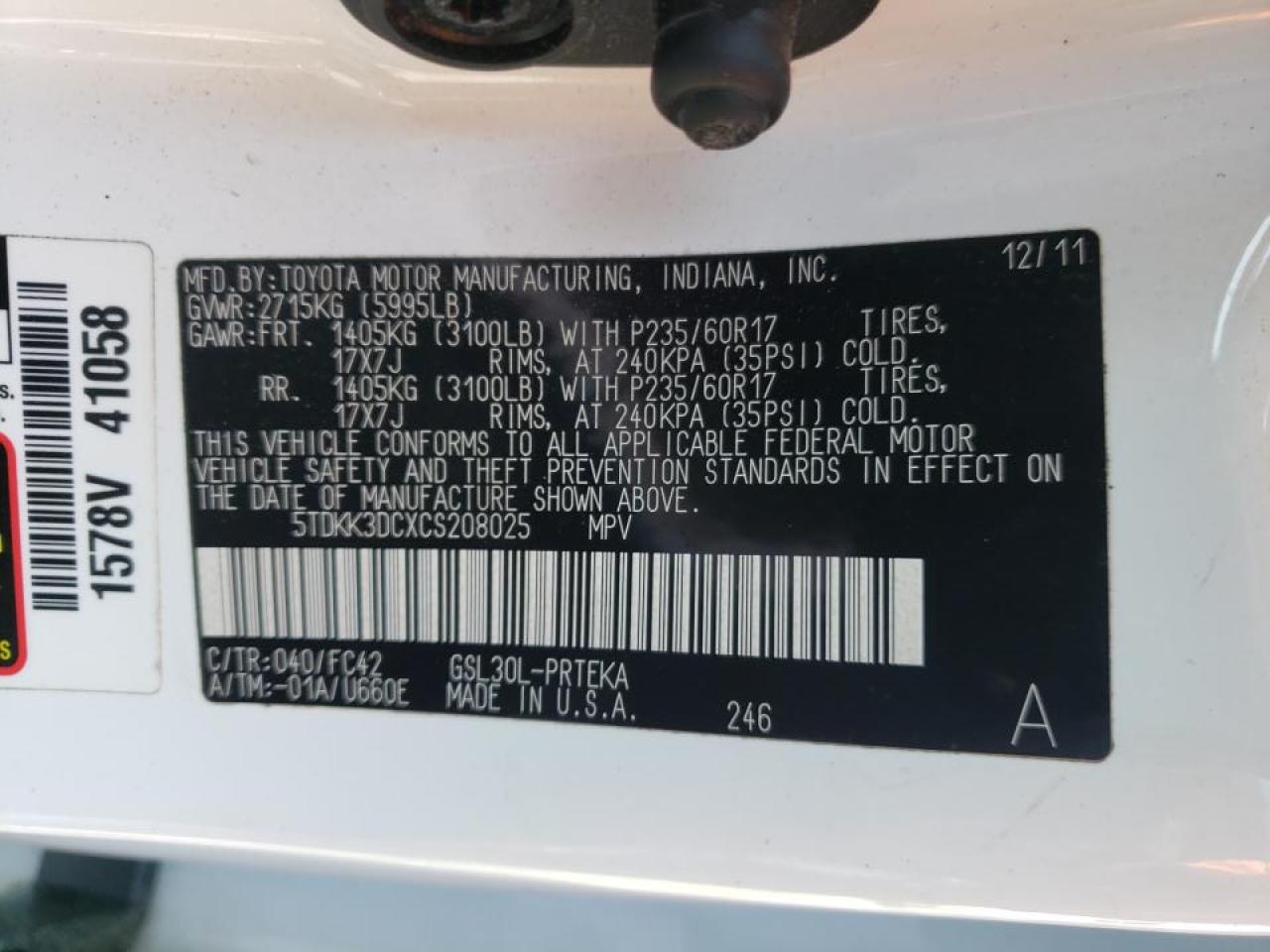 Photo 10 from auction – 2012 TOYOTA SIENNA LE with VIN 5TDKK3DCXCS208025