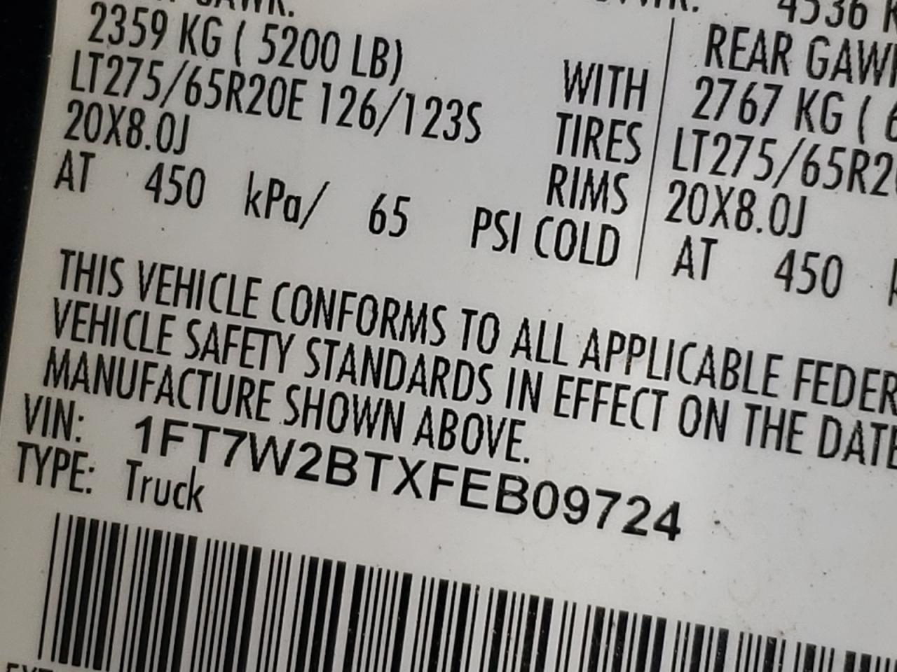 Photo 10 from auction – 2015 FORD F250 SUPER with VIN 1FT7W2BTXFEB09724