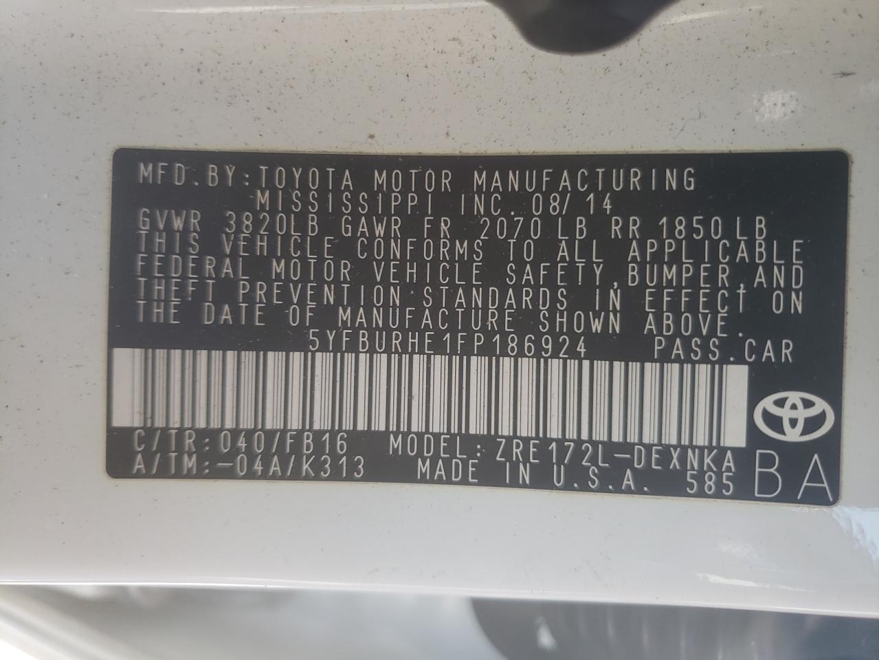 Photo 10 from auction – 2015 TOYOTA COROLLA L with VIN 5YFBURHE1FP186924