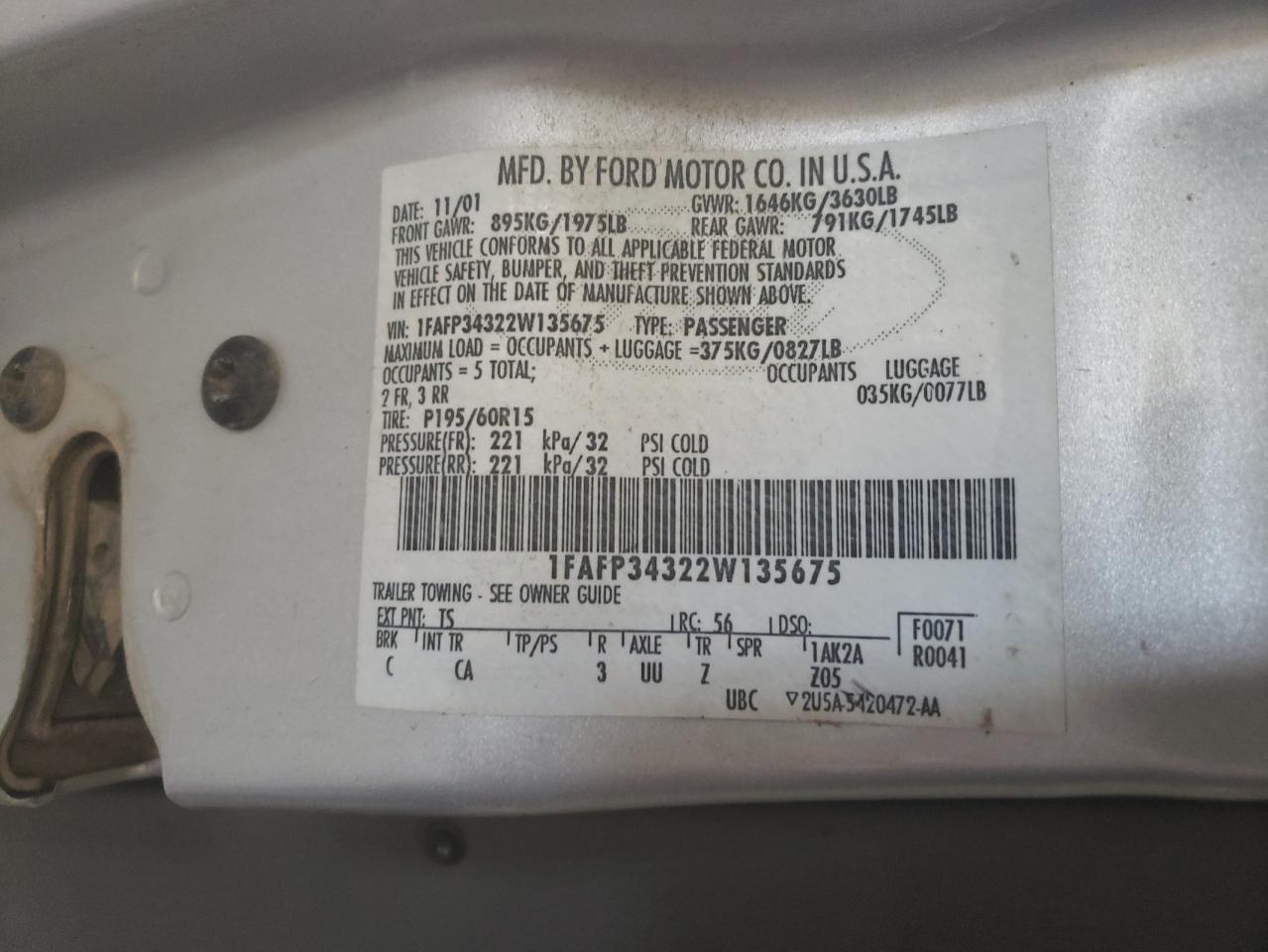 Photo 10 from auction – 2002 FORD FOCUS SE with VIN 1FAFP34322W135675