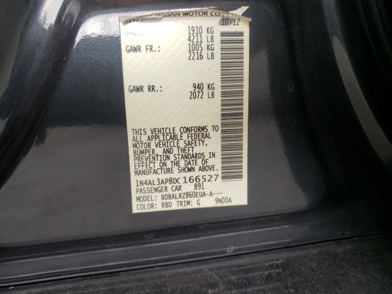 Photo 10 from auction – 2013 NISSAN ALTIMA 2.5 with VIN 1N4AL3AP8DC166527