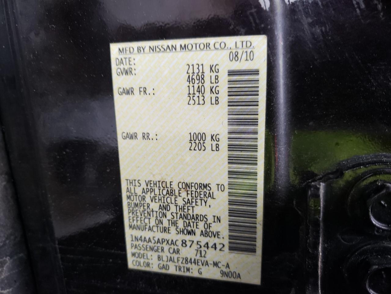 Photo 10 from auction – 2010 NISSAN MAXIMA S with VIN 1N4AA5APXAC875442