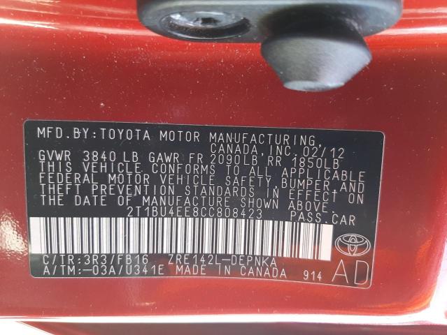 Photo 10 from auction – 2012 TOYOTA COROLLA BA with VIN 2T1BU4EE8CC808423