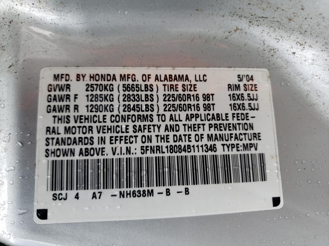 Photo 10 from auction – 2004 HONDA ODYSSEY EX with VIN 5FNRL18084B111346