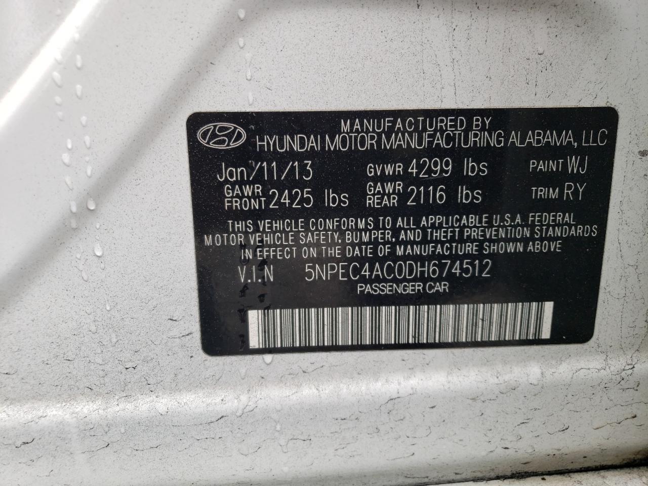 Photo 10 from auction – 2013 HYUNDAI SONATA SE with VIN 5NPEC4AC0DH674512