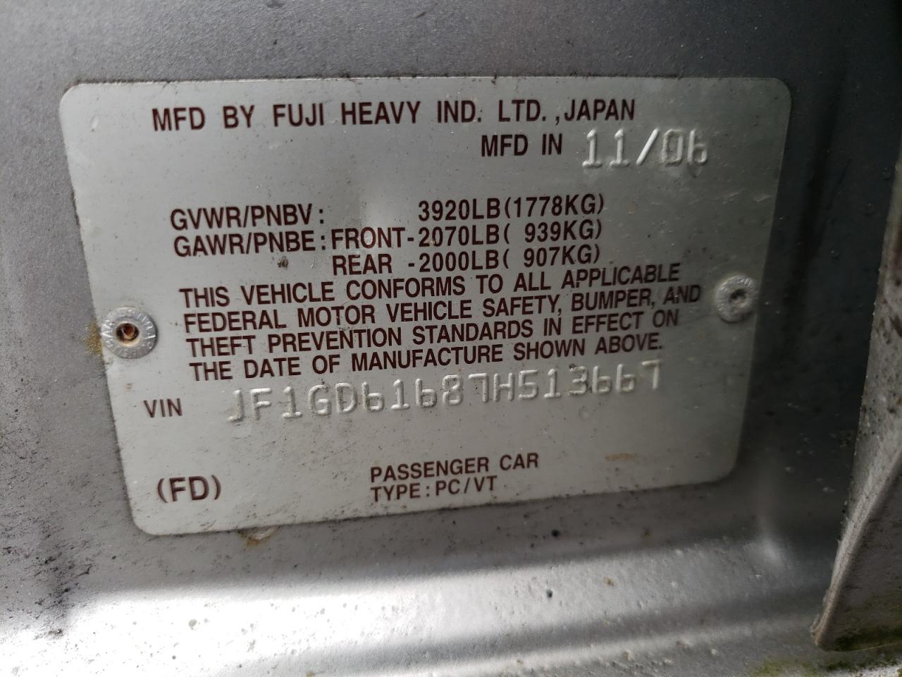 Photo 10 from auction – 2007 SUBARU IMPREZA with VIN JF1GD61687H513667