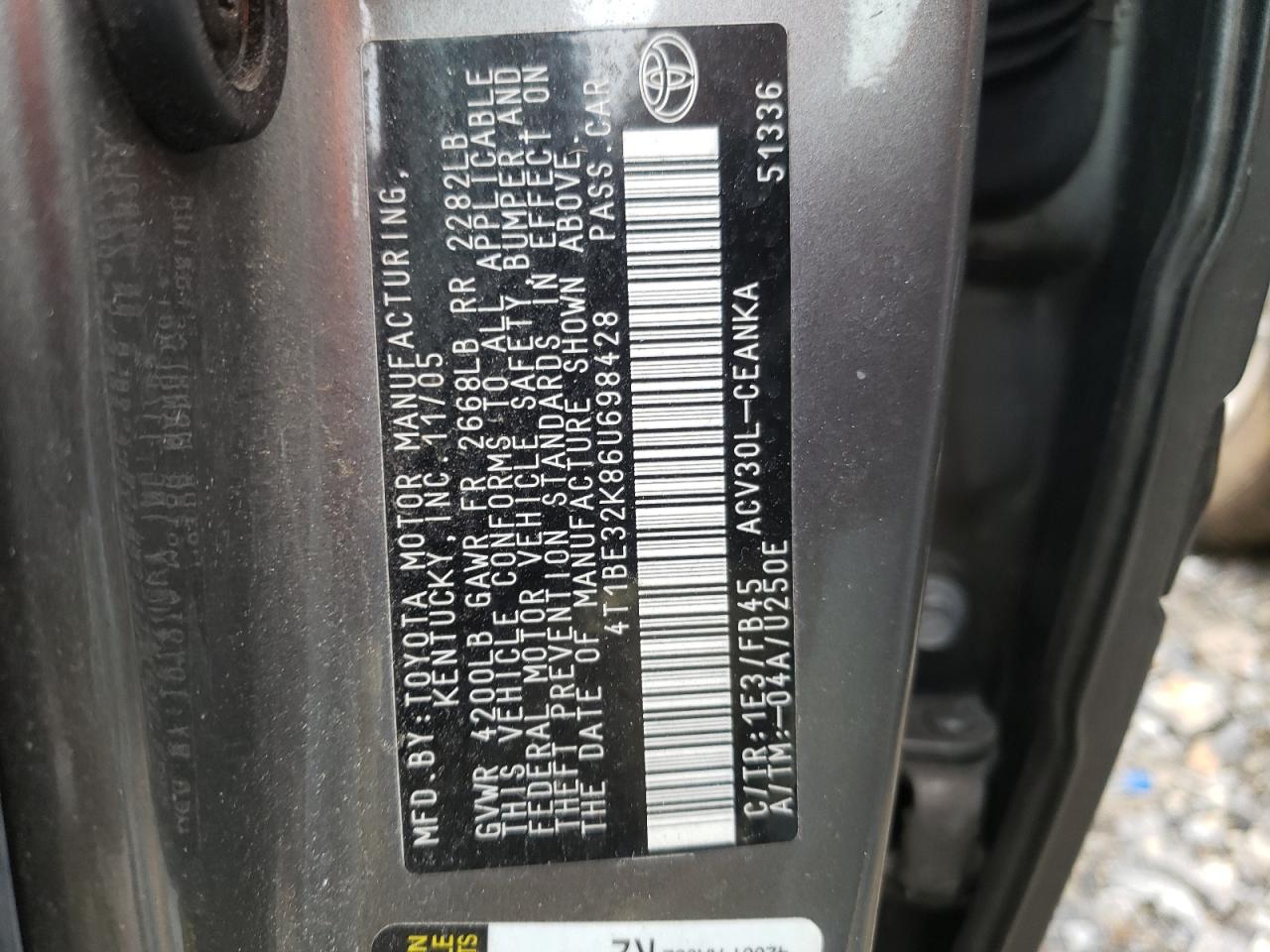 Photo 10 from auction – 2006 TOYOTA CAMRY LE with VIN 4T1BE32K86U698428