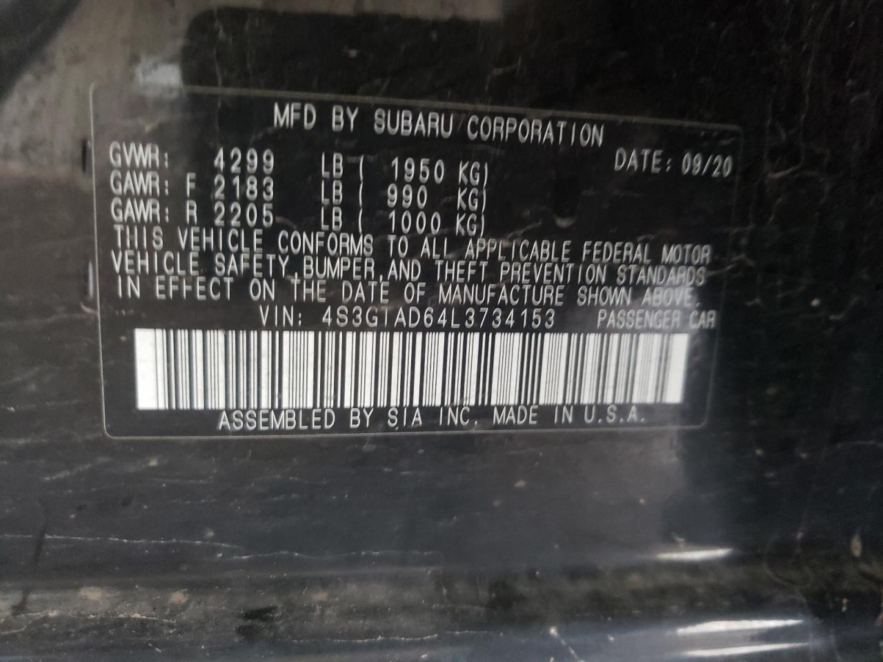 Photo 10 from auction – 2020 SUBARU IMPREZA PR with VIN 4S3GTAD64L3734153