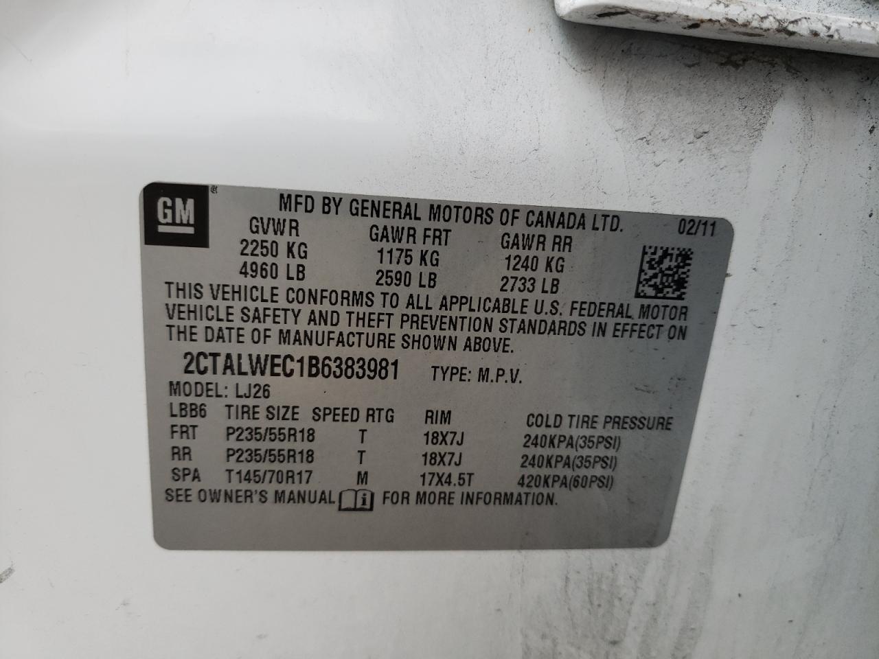 Photo 10 from auction – 2011 GMC TERRAIN SL with VIN 2CTALWEC1B6383981