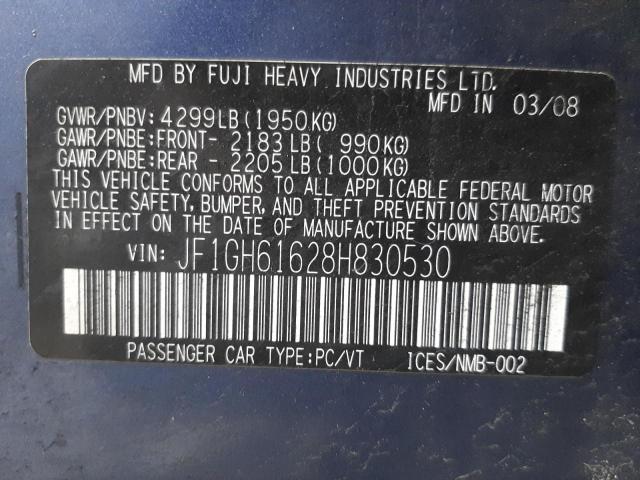 SUBARU IMPREZA 2. 2008 with VIN JF1GH61628H830530 - Photo from auction
