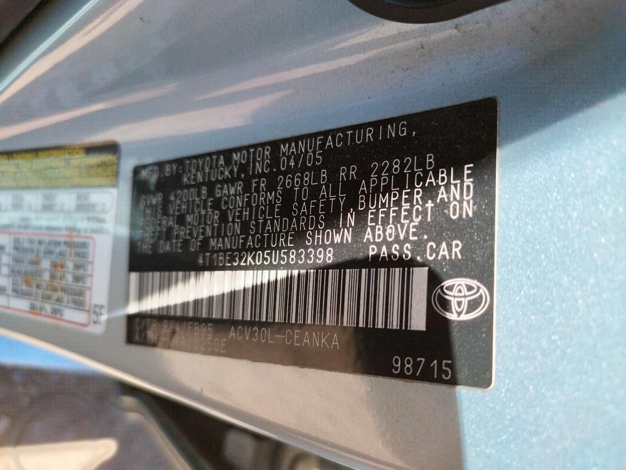 Photo 10 from auction – 2005 TOYOTA CAMRY LE with VIN 4T1BE32K05U583398