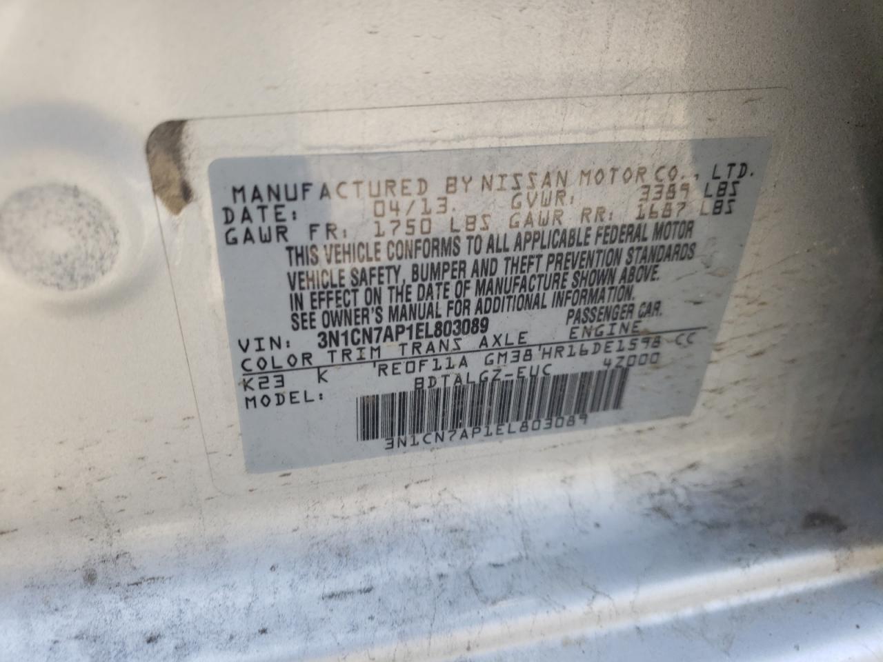 Photo 10 from auction – 2014 NISSAN VERSA with VIN 3N1CN7AP1EL803089