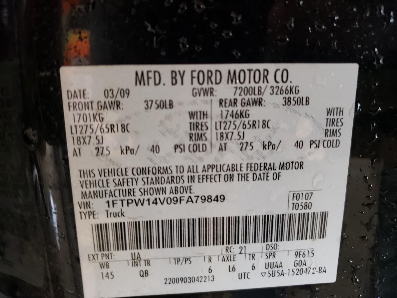 Photo 10 from auction – 2009 FORD F150 SUPER with VIN 1FTPW14V09FA79849