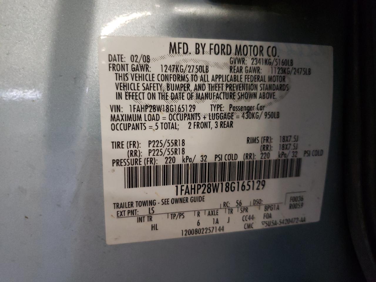 Photo 10 from auction – 2008 FORD TAURUS LIM with VIN 1FAHP28W18G165129