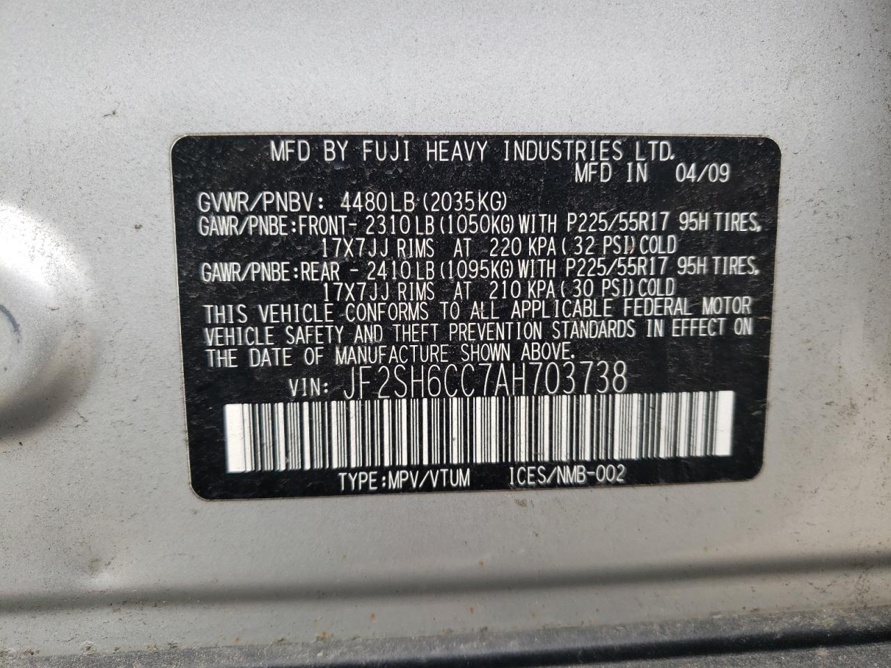 Photo 10 from auction – 2010 SUBARU FORESTER 2 with VIN JF2SH6CC7AH703738