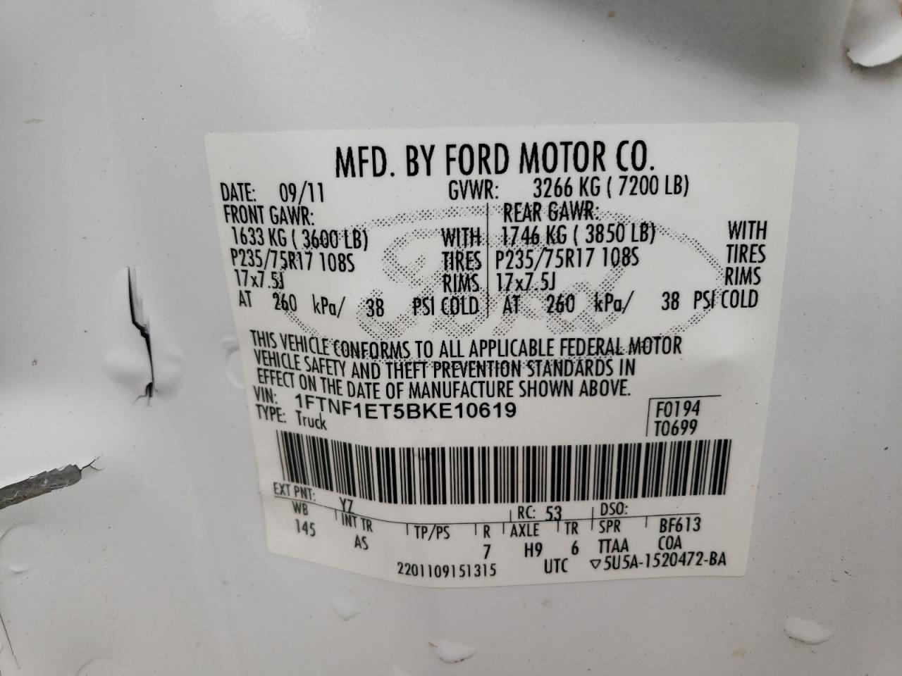 Photo 10 from auction – 2011 FORD F150 with VIN 1FTNF1ET5BKE10619