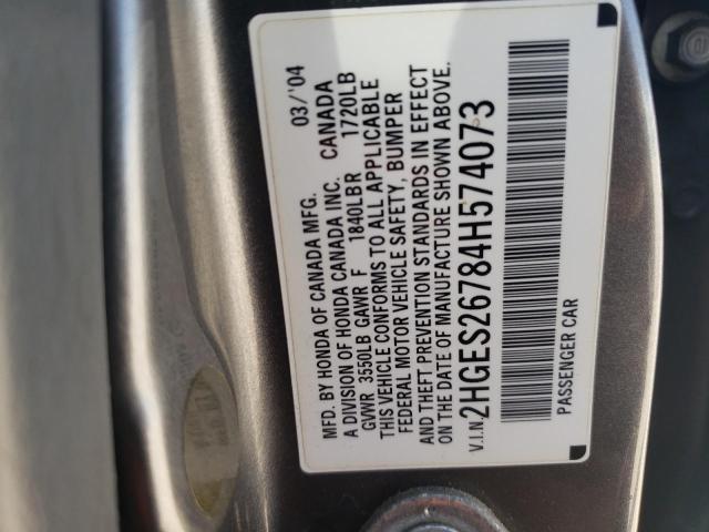 Photo 10 from auction – 2004 HONDA CIVIC EX with VIN 2HGES26784H574073