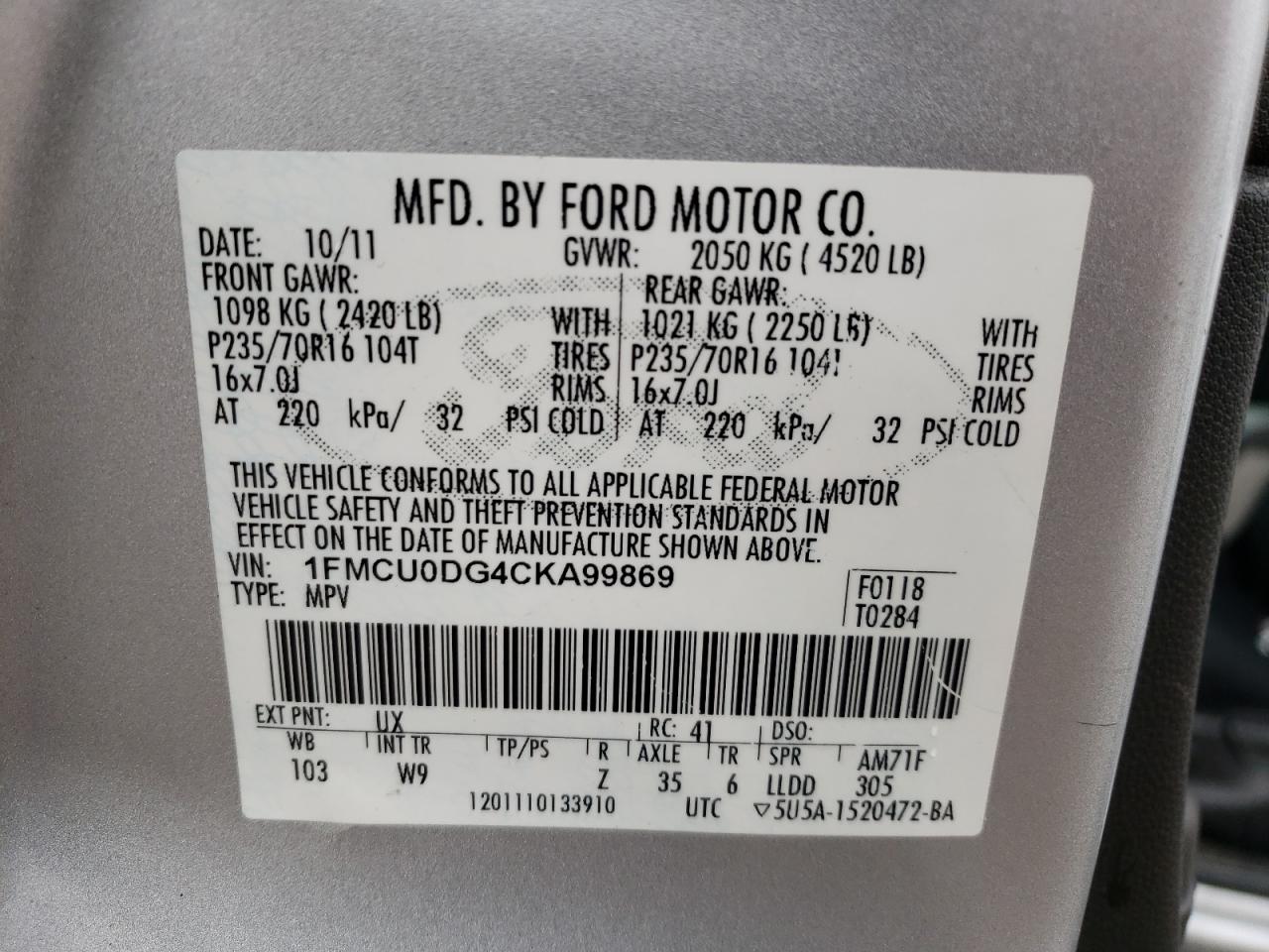 صورة رقم 10 من المزاد - 2012 FORD ESCAPE XLT مع VIN 1FMCU0DG4CKA99869