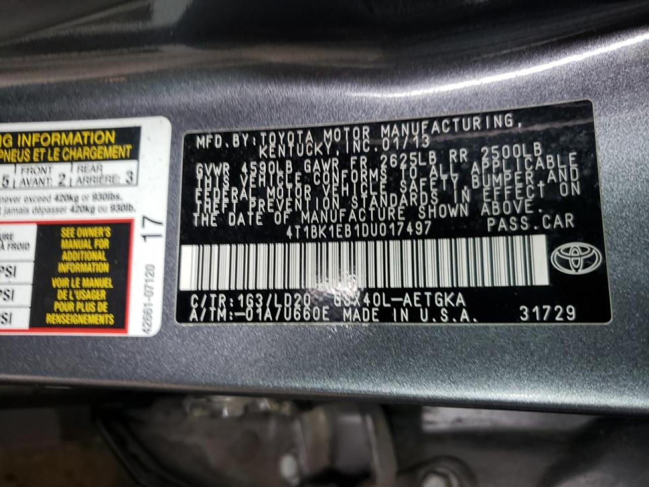 Photo 10 from auction – 2013 TOYOTA AVALON BAS with VIN 4T1BK1EB1DU017497