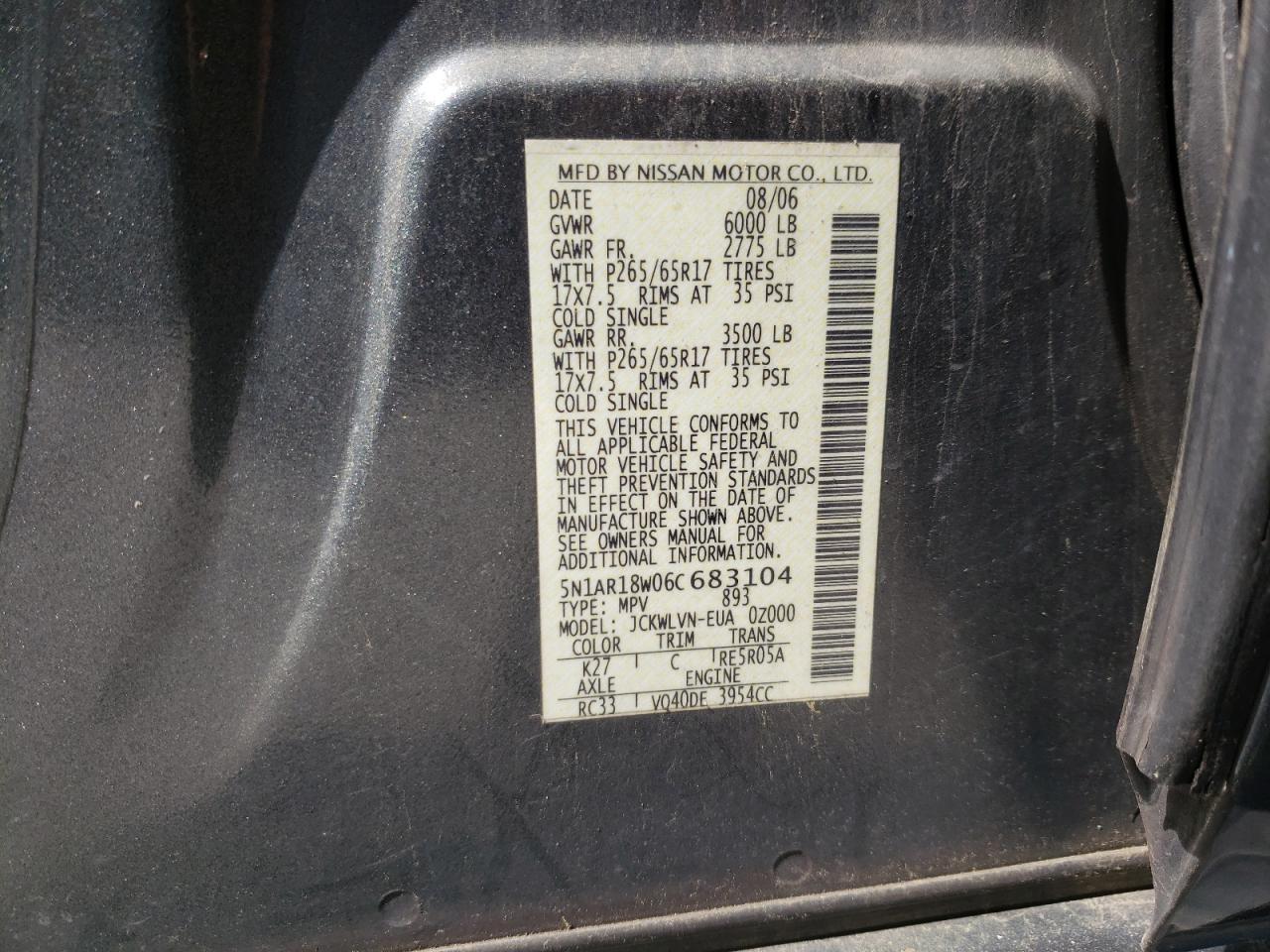 Photo 10 from auction – 2006 NISSAN PATHFINDER with VIN 5N1AR18W06C683104