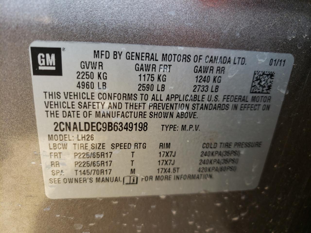 Photo 10 from auction – 2011 CHEVROLET EQUINOX LT with VIN 2CNALDEC9B6349198