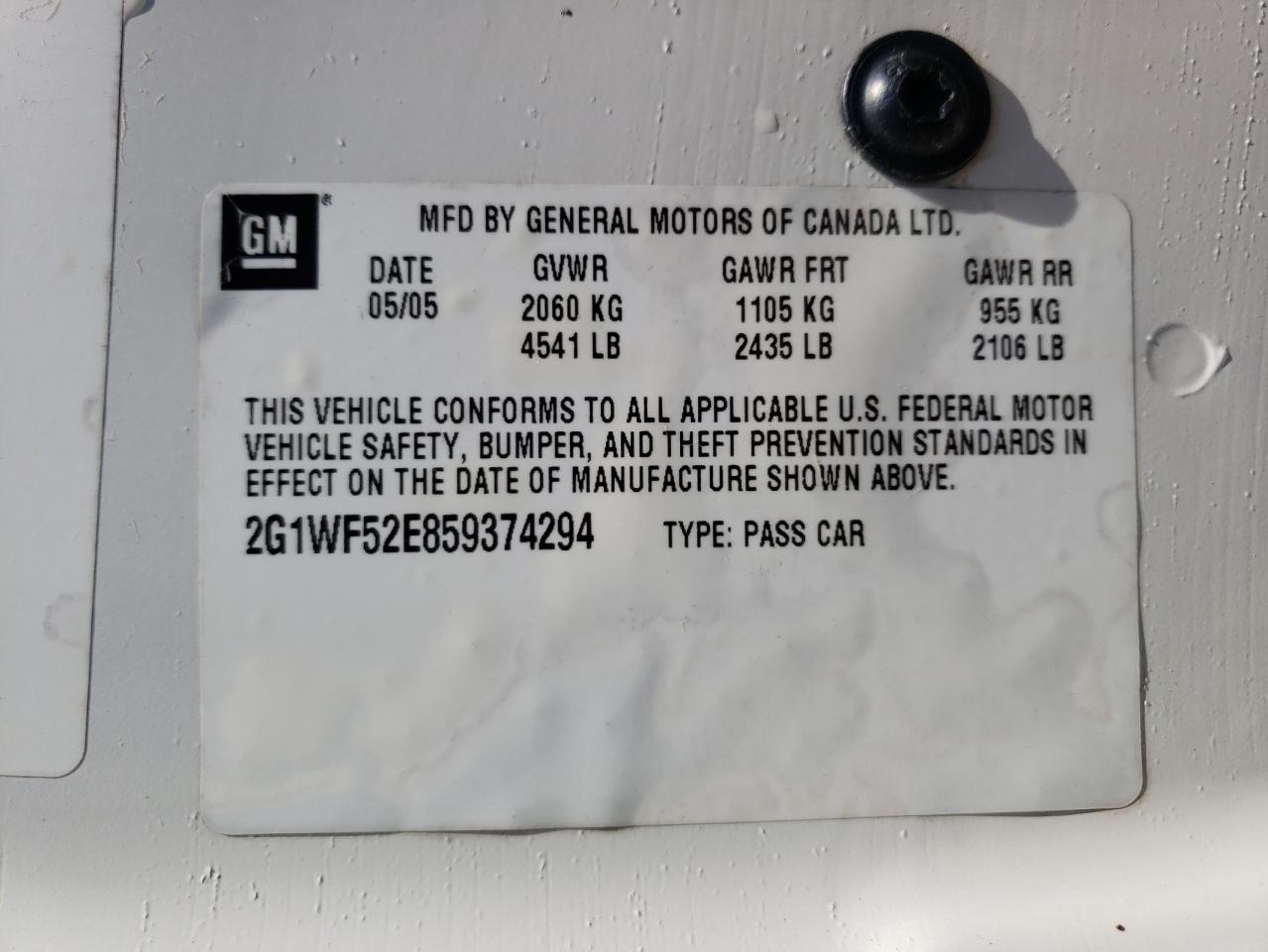 Photo 10 from auction – 2005 CHEVROLET IMPALA with VIN 2G1WF52E859374294
