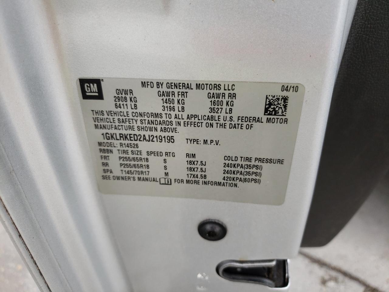 Photo 10 from auction – 2010 GMC ACADIA SL with VIN 1GKLRKED2AJ219195