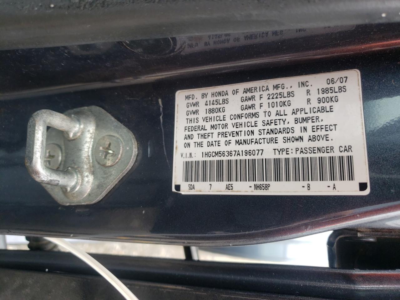 Photo 10 from auction – 2007 HONDA ACCORD with VIN 1HGCM56367A196077